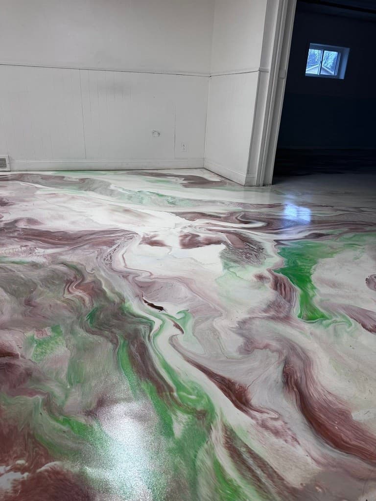 High-gloss metallic floor with green, burgundy, and pearl-white swirl, Central New York