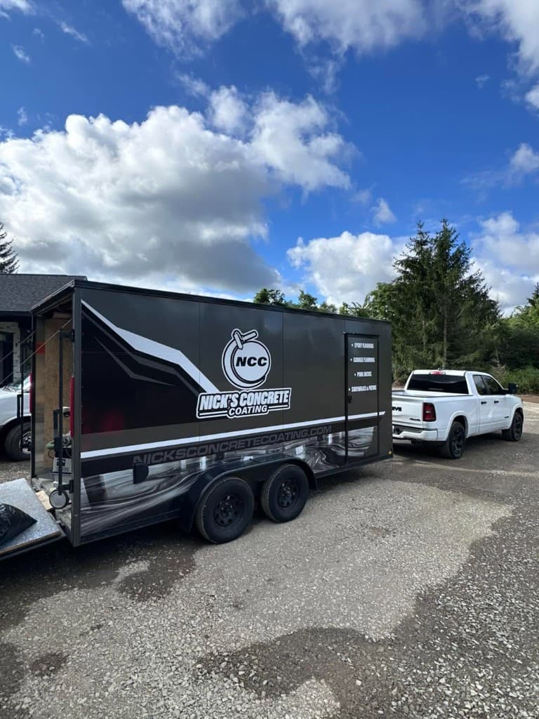 Nick's Concrete Coating wrapped trailer and truck on a job in Central New York