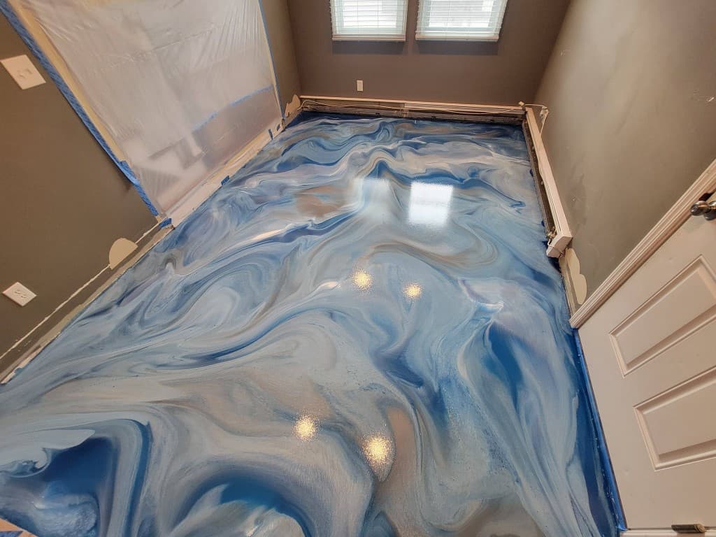 Metallic epoxy floor — blue and pearl-white swirl, Central New York